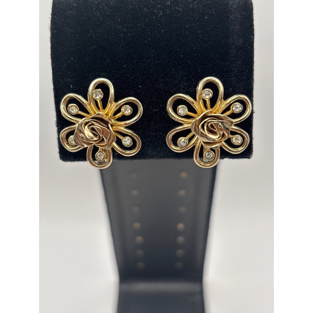 Coro Vintage Gold Tone Rose Center Rhinestone Petal Screw Back Earrings Signed